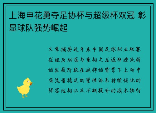 上海申花勇夺足协杯与超级杯双冠 彰显球队强势崛起 上海申花勇夺足协杯与超级杯双冠 彰显球队强势崛起