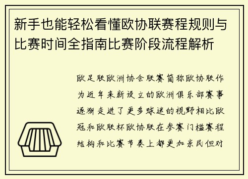 新手也能轻松看懂欧协联赛程规则与比赛时间全指南比赛阶段流程解析